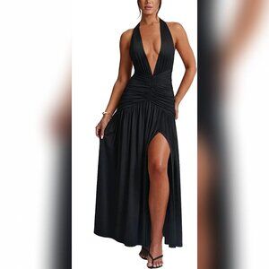 Women's Sexy Halter Deep V Neck Maxi Dress Sleeveless Backless High Slit SZ M